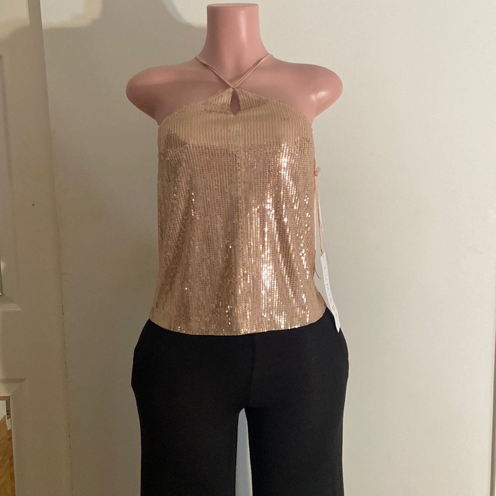 Lumiere Champagne Sequence Sleeveless Neck Tie Top Size Small